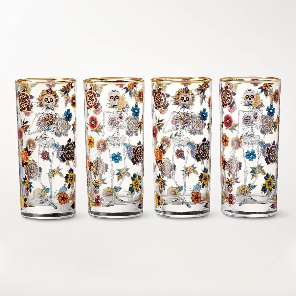 Set Of 4 Williams Sonoma Day Of The Dead Highball Glasses Halloween 16oz   NEW